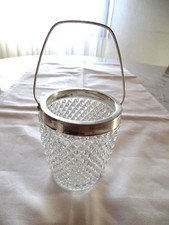 Vintage Eiswürfelbehälter mit Henkel aus Kristallglas, Würfelzange, 60er Jahre