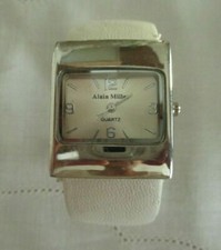Alain Miller moderne Damenuhr Quartz Metall Weiß festes Metall/Kunstleder Band