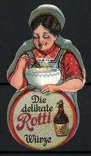 Reklamemarke Rotti Würze, Köchin würzt eine Suppe, Flasche 