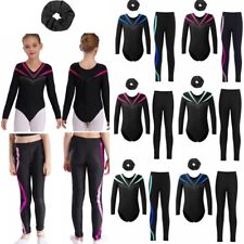 DE Mädchen Turnanzug Glitzer Gymnastik Langarm Ballett Trikot+Leggings+Haarband