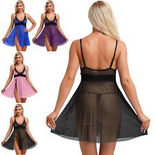 DE Damen Negligee Mesh Minikleid Babydoll mit String Slips Nachtwäsche Sleepwear