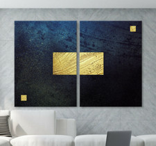 BLUE Abstrakt Leinwand BILD SET Blau Gold-Gelb Modern Kunstdruck Gemälde Deko XL