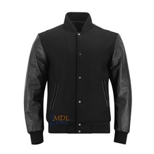 Herren College Jacke Schwarz Wolle Lederärmel Baseball Bomber Letterman Varsity