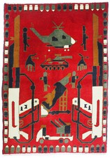 47,2" x 33,5" Handgeknüpfter Kriegsteppich Afghanistan Panzer Kampfjet USA Armee 21/J
