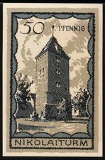 Notgeld Neustettin, 1921, 50 Pfennig, Abbildung des Nikolaiturms und Wappen der 