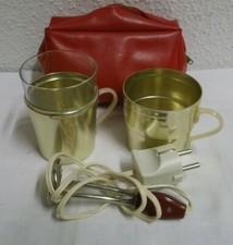 50er 60er Reiseset Tauchsieder 2 Metallbecher im Kunstleder Etui Tasche Camping