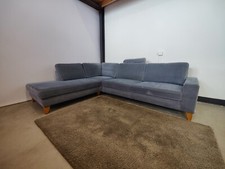 Ecksofa Couch Blau Stoff Holzfüße Kopfstütze Ottomane Links