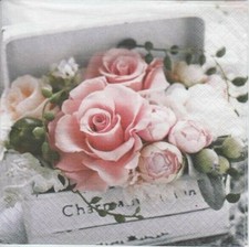 3 lose Servietten ~ Charming Box Edle Rosen auf Holzkiste
