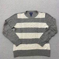 Vintage Chaps Classic Strick Pullover Damen L Grau Beige Gestreift Zopfmuster