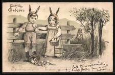 Lithographie Kinder mit Hasenohren und Osterkörben vor einem Zaun, Osterhasen s 