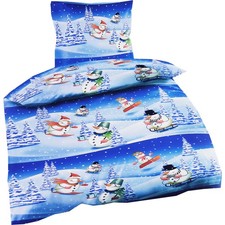 Bettwäsche Weihnachten Biber Schneemann in Winterlandschaft 80x80 / 135x200 blau