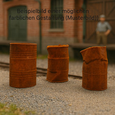 3 Fässer 1:22,5 Spur II / G Modellbau Diorama Zubehör Industrie Schrottplatz