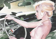 Original Aquarell A3, Zeichnung, Akt, nude, "Oldtimer", Women, Erotik Akt
