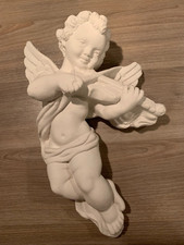 Engel aus Gips, mit Geige, Putte, weiß, Wandfigur, zum Aufhängen an der Wand