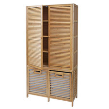 B-Ware Bambus Badezimmerschrank MCW-N83, 2 Wäschekörbe 2 Türen FSC® 168x82x34cm