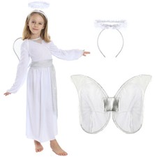 MÄDCHEN KINDER ENGEL WEIHNACHTEN KRIPPE SPIELEN SCHICKES KLEID KOSTÜM FLÜGEL KLEID HALO