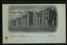 Mondschein-AK Karlsruhe, Riefstahlstrasse mit Strommast und Bahnschienen 1899 