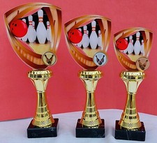 Pokal 3er Serie Bowling Pin mit Emblem in gold silber bronze incl. Gravur NEU