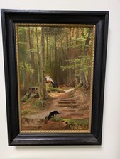 Ölgemälde im Stil der Münchener Schule Pärchen im Wald + Hund signiert W. Rusch