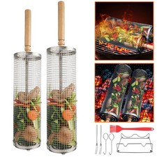 Nestendes Rollendes Grillkorb Set Abnehmbarer Holzgriff Edelstahl Grill Zubehör