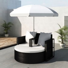 Gartenbett mit Sonnenschirm Schwarz Poly Rattan