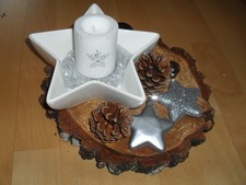 Adventsgesteck Tischdeko Baumscheibe mit Keramikstern Kugeln Tannenzapfen TOP!