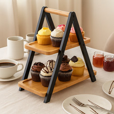 Etagere 2-stöckig Bambus Metall – Servierständer Obst Kuchen Deko modern