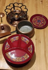 Fondue Set Winterling 6+1 Teller 70er Jahre, Kupfer Topf Rechaud