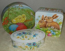3 Blech-Dosen Gebäckdosen Schöne Oster- / Frühlings-Motive Hasen Küken Blumen