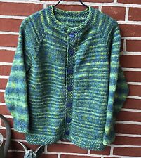 Raglan Strickjacke- grün blau gelb- Gr. L/XL (42/44)-Handgestrickt *Unikat*