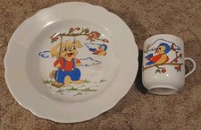 Kahla Kindertasse und Teller mit Motiv **Hund + Vogel** Original DDR Produktion 