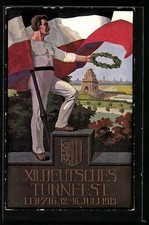 AK Leipzig, XII. Deutsches Turnfest 1913, Turner mit deutscher Fahne 