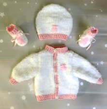 Weiß Baby Ausfahr garnitur Kleidung Set Hand gestrickt Jacke Schuhe Mütze 56/62