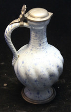 Alter Keramik Wein Krug mit Zinn Deckel 25x12cm blauweiß Blumen Dekor Alter ?