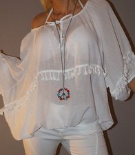 NEU Bluse Tunika Ballonform Extra Weit Baumwolle Bömmelchen 36-42 Weiß Top Trend