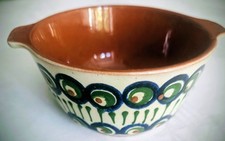 Bunzlauer Keramik Schale mit Griffen - Dekor Blütenkranz und Blatt