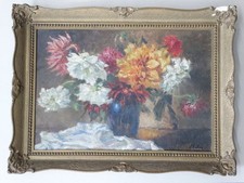 Blumenstillleben mit Dahlien - unleserlich signiertes Ölbild gerahmt - 1930er