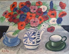 Edward LE BAS - Gerahmtes Ölgemälde von bunten Anemonen in blau-weißem Krug