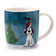Weihnachtstasse aus Porzellan mit Hund & Rotkehlchen für ca. 300ml