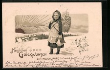 Mädchen mit lachendem Schwein in Kiepe, Ansichtskarte 