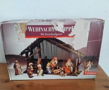 Krippe, Weihnachtskrippe komplett 12-teilig Holz, Porzellan, 40,5x15,5x28,5 cm