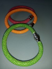 3 Stück Rochenleder Armband Magnet Verschluss grün orange pink / rosa 20,5 cm
