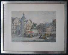 Fritz Hartmann Düsseldorf Marktplatz, Original-Radierung, handsigniert, gerahmt