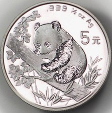 Silbermünze China Panda 1995 1/2 oz 5 Yuan  PP Breites Datum RAR
