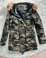 Damen Winter Jacke Camouflage Mantel Parka Kunstpelz Armyjacke - Größe: S