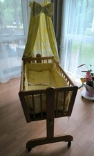 Babywiege mit Rollen, Buchefarben, Gelb/Bärchenmotiv, unisex