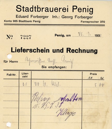 Rechnung stadtbrauerei penig - stadtbrauerei,