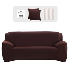 Sofabezug 3- Sitzer Stretch Sofahusse Überzug mit 2 Kissenbezüge Braun