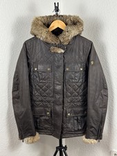 Women's Belstaff Gold Label Brown Hooded Waxed Coton Fur Jacket Size 42