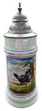 Porzellan Krug Zinndeckel Lithopanie tanzendes Paar Motiv Auerhahn Sammlerkrug